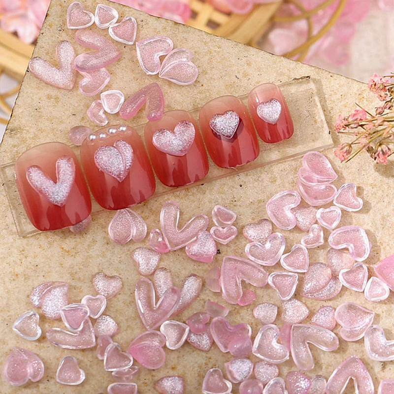 100PCS Sweet Girl's Pink Heart Nail Art Charms Accessories Supplies Glitter Nail Enhancement Decoration Modeling Design Tool