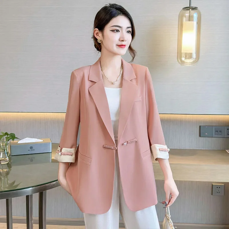 Spring Autumn Casual Blazer 2024 New Suit Collar Solid Color Women's Clothes Coat Fashion Coil Buckle Loose Outeawer Female