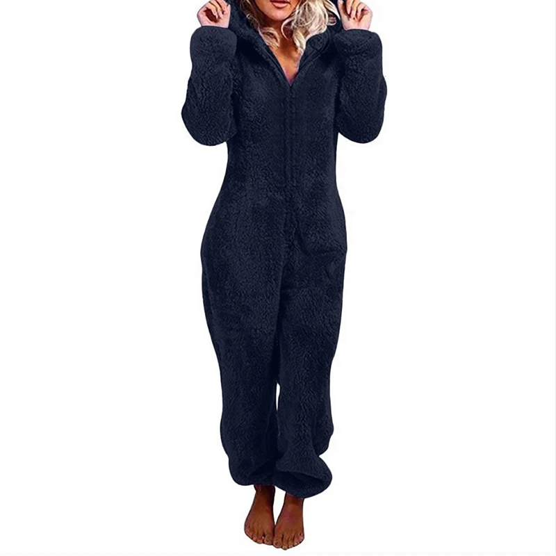 5XL Women Fluffy Jumpsuits Plush Velvet Hooded Outfits Tracksuits Zipper Loose Casual Rompers Winter Warm Overall Bodysuits