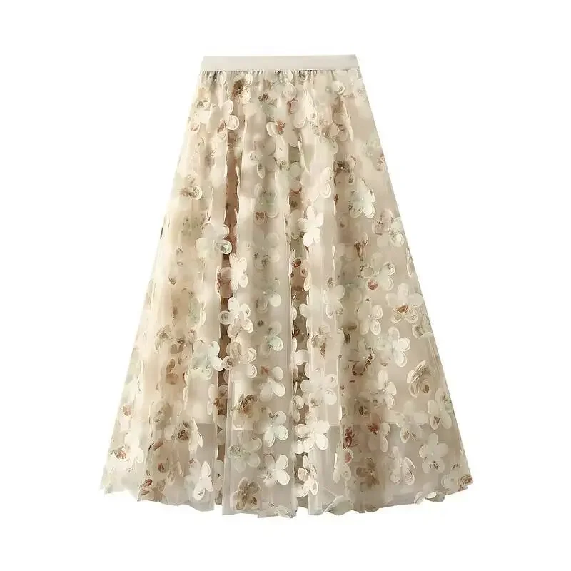 New 2025 Korean Fashion Women's Spring Autumn Luxury Flower Petal Mesh Midi Skirts Female Elegant High Waist A-line Tulle Skirt