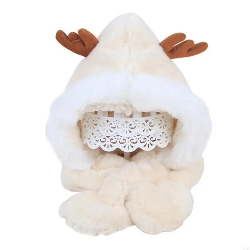 

C63C Sweet Cartoon Fashion Antler Scarf One-piece Hat Ear Gift Cold-proof Scarf Winter Thick Plush Boy Girl Winter