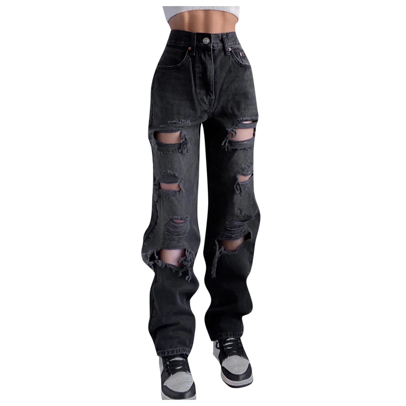 Streetwear Jeans Long Pants Denim Pant Jeans Women Autumn High Waist Hole Pocket Jeans Slim Denim Pants Daily Life Pants