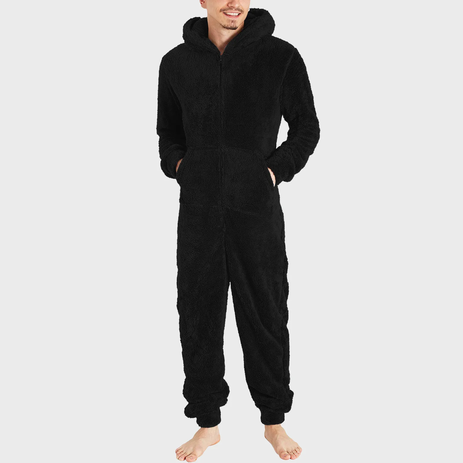 Men Artificial Wool Onesie Pajama Fall Winter Solid Color Warm Fleece Zipper Hooded Jumpsuit With Pockets Sleepwear Plush Romper