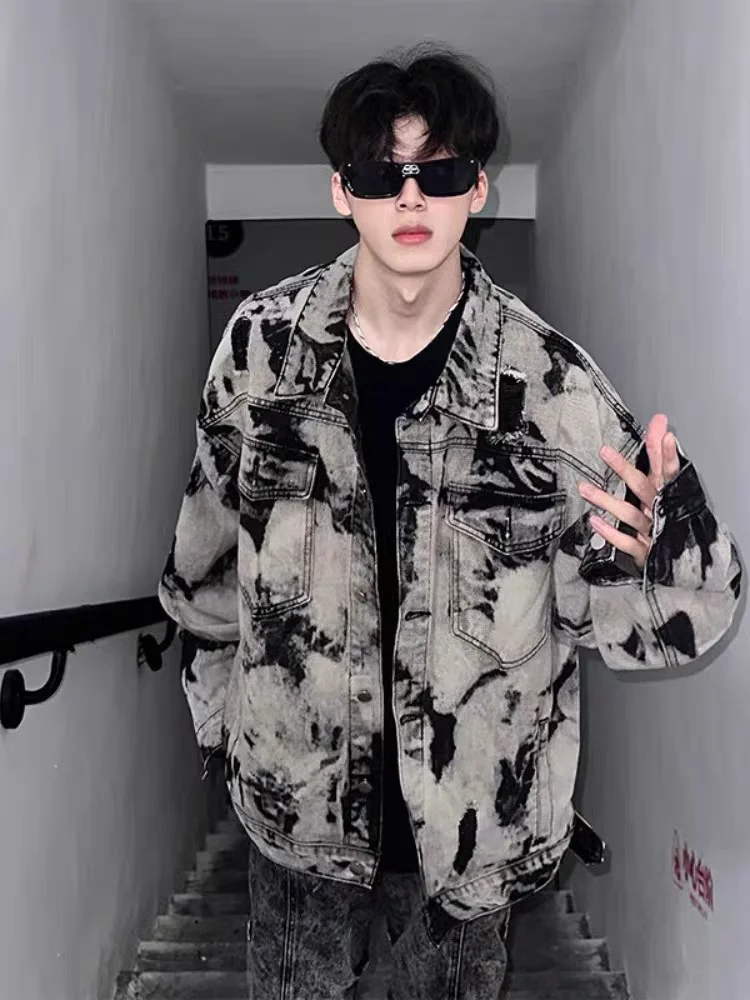 

Мужская джинсовая куртка American Style в стиле тай-дай, винтажная, модная, осенняя, свободного кроя, с длинными рукавами, на молнии