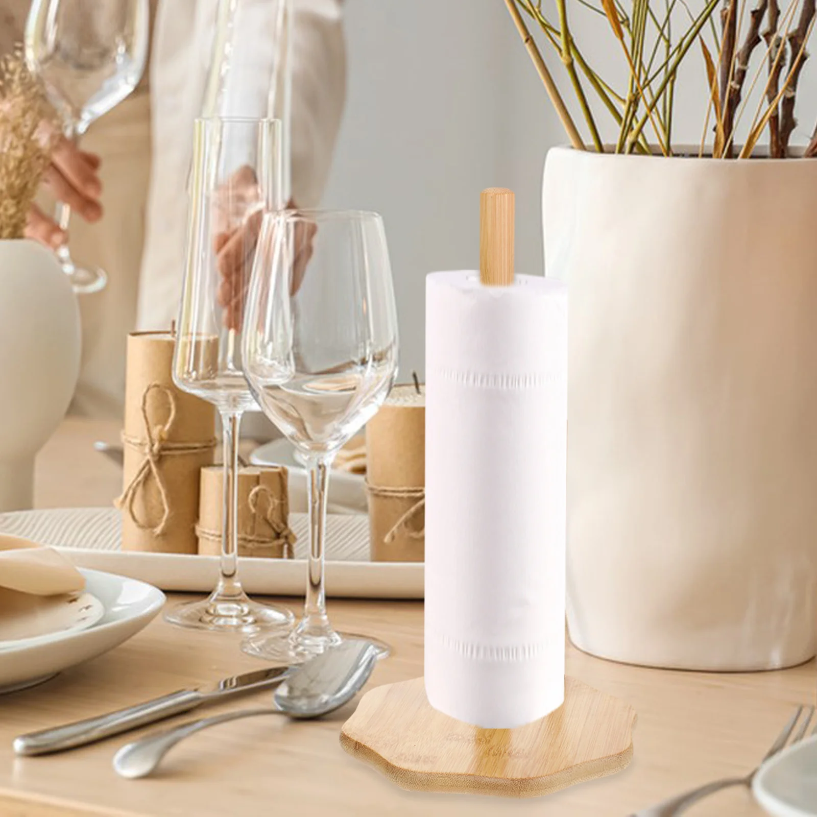 

Multifunctional Bamboo Paper Holder Kitchen Roll Organizer Stand Dispenser Wood Tissue Rack Countertop Storage Space Efficient