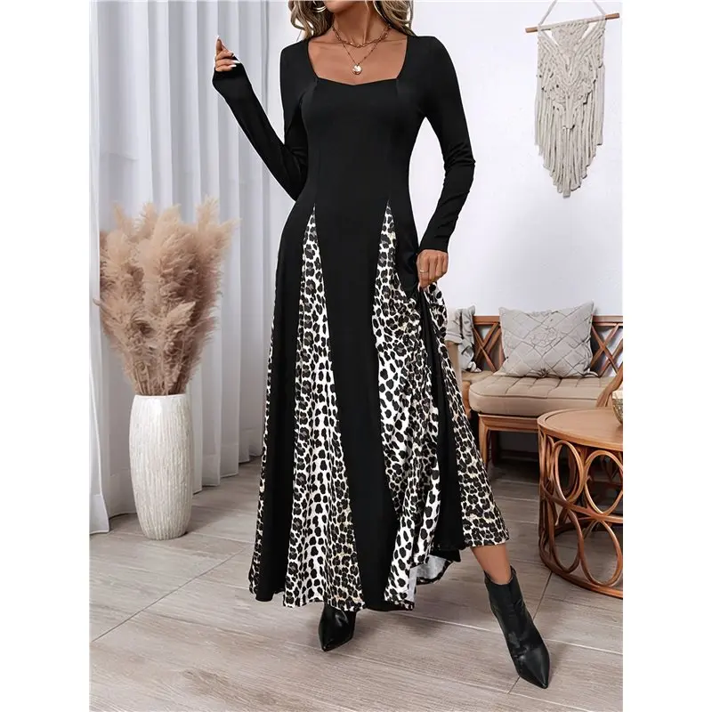 CYL-Womens Casual Dresses Smocked Crewneck Up Long Sleeve Waist A-Line Mini Dress