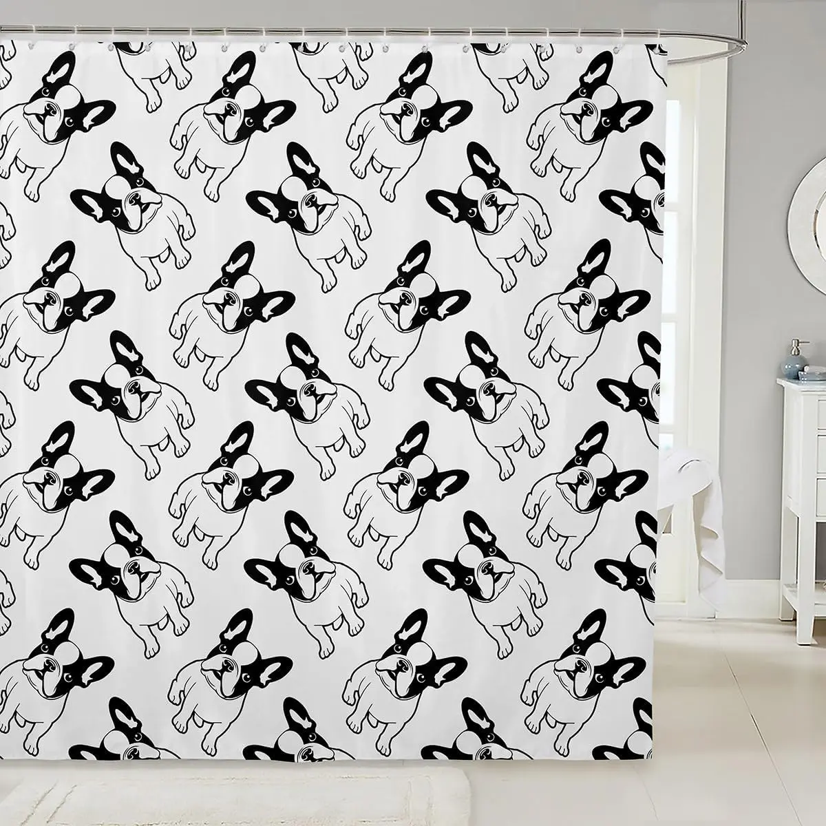 

French Bulldog Shower Curtain Black White Dog Pattern Pet Lover Decor Linen180x230