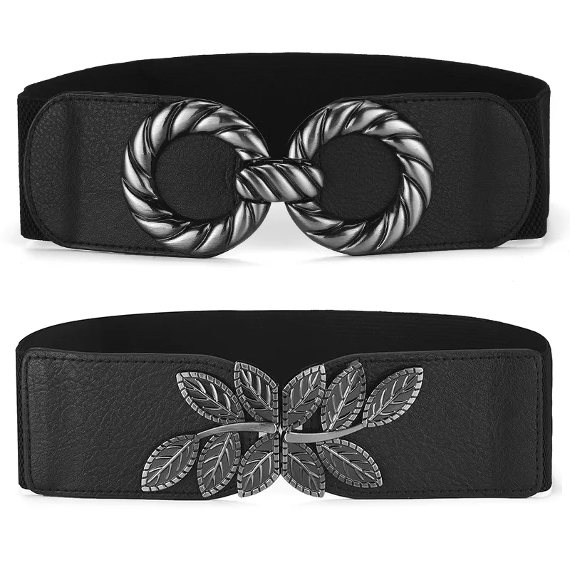 Cintura da donna nera elastica con fibbia a fiore retrò occidentale Cintura da donna alla moda Cappotto maglione Fascia da smoking per donna