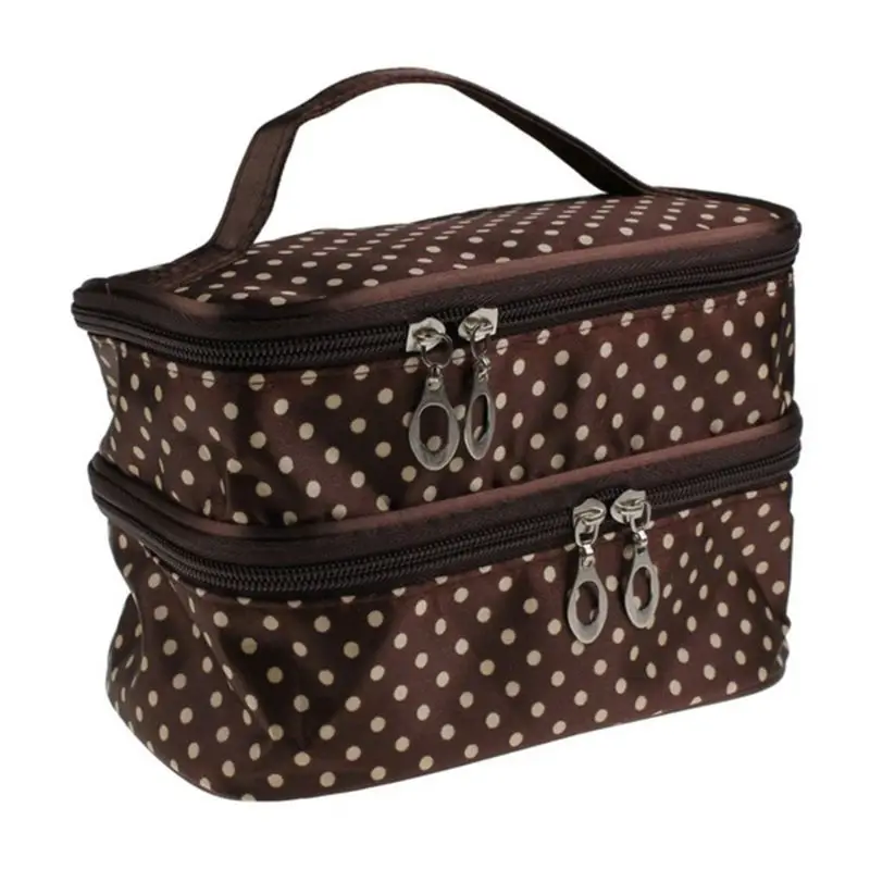 E74B Women Travel Cosmetic Polka Dots Makeup Double Layer for Case