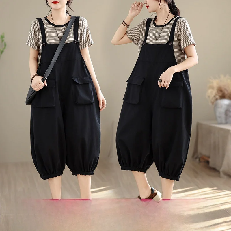 

Casual Loose Wide Leg Jumpsuit Seven-Foot Pants Fashion Workwear Style Thin Strap Pants High Waist Jeans Cotton Ladies Spring...