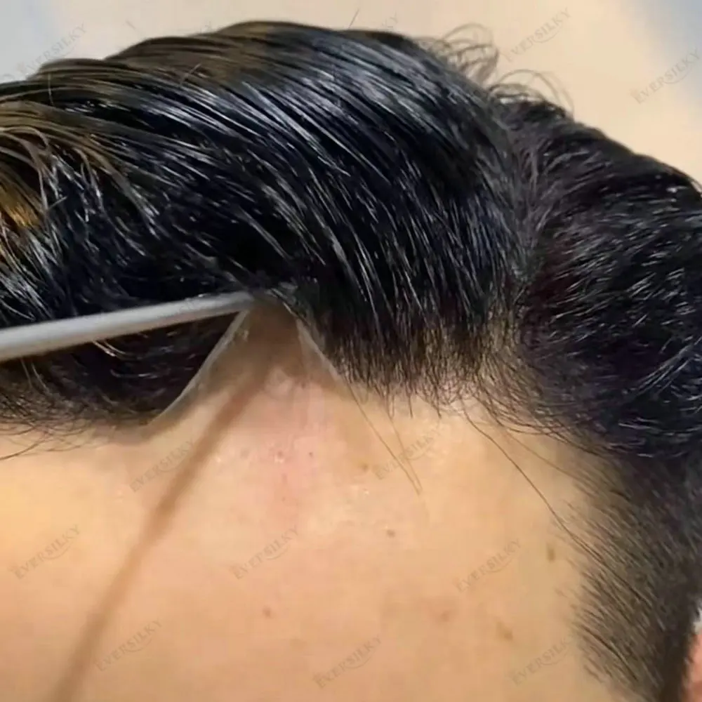 

Undetectable Men's Toupee Human Hair System Natural Hairline Thin Skin Injection Durable Hairpiece Dark Brown Black Prosthesis