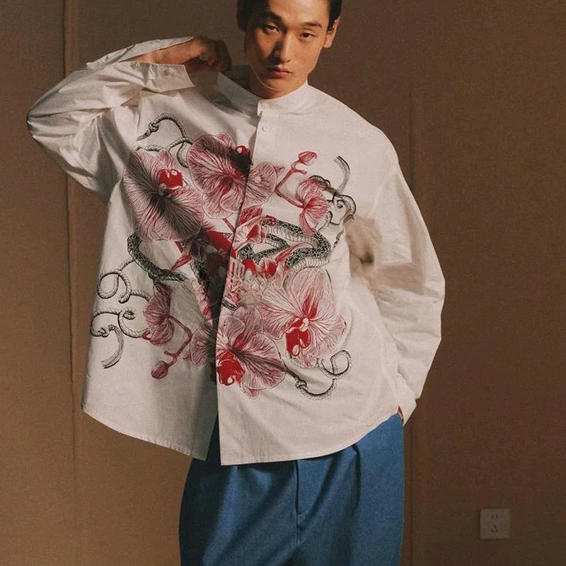 Colletto Zhongan a maniche lunghe con bottone singolo retrò da uomo della nuova primavera stampato irt confortevole vestibilità ampia in fibra di poliestere