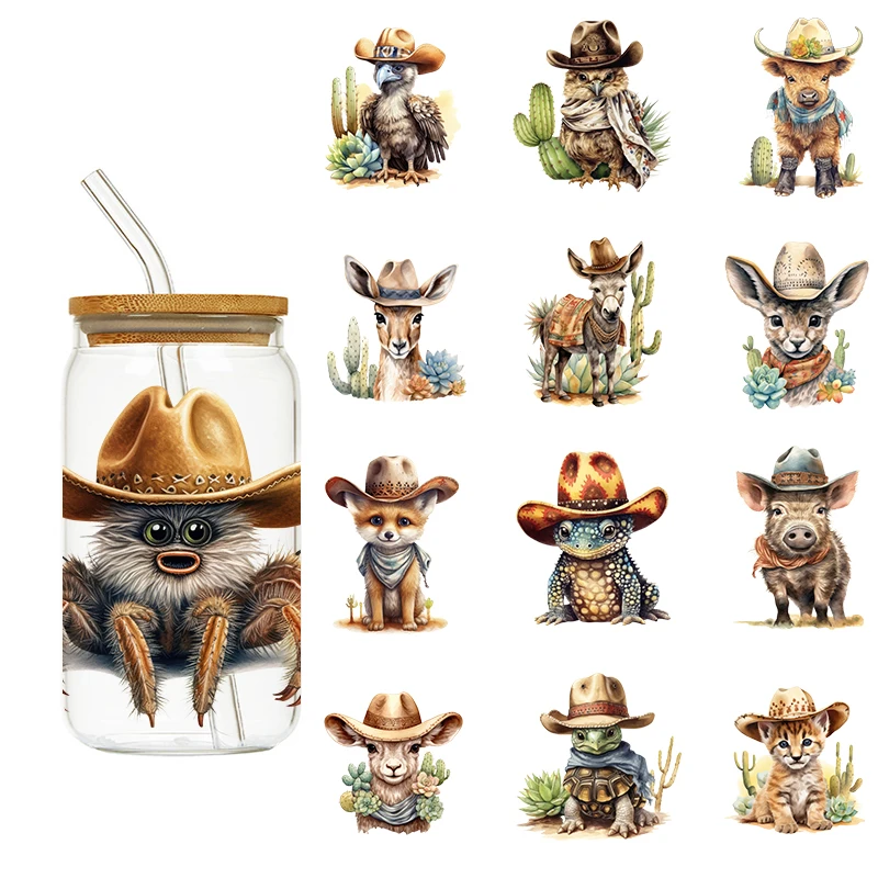 LETOP 1PCS Cowboy Style Animal Cold Cup Wraps Animals Wearing Hats Cactus Uv Dtf Cup Wraps 16oz