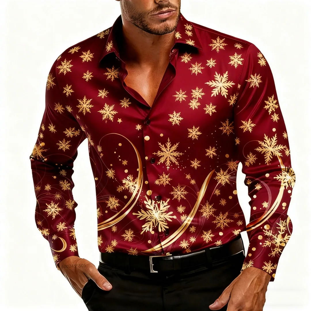 جديد عيد الميلاد الرجال مشهد عيد الميلاد قميص مطبوع-ندفة الثلج عارضة الأزياء جولة الرقبة زرر طويلة الأكمام حزب الخريف قميص #4