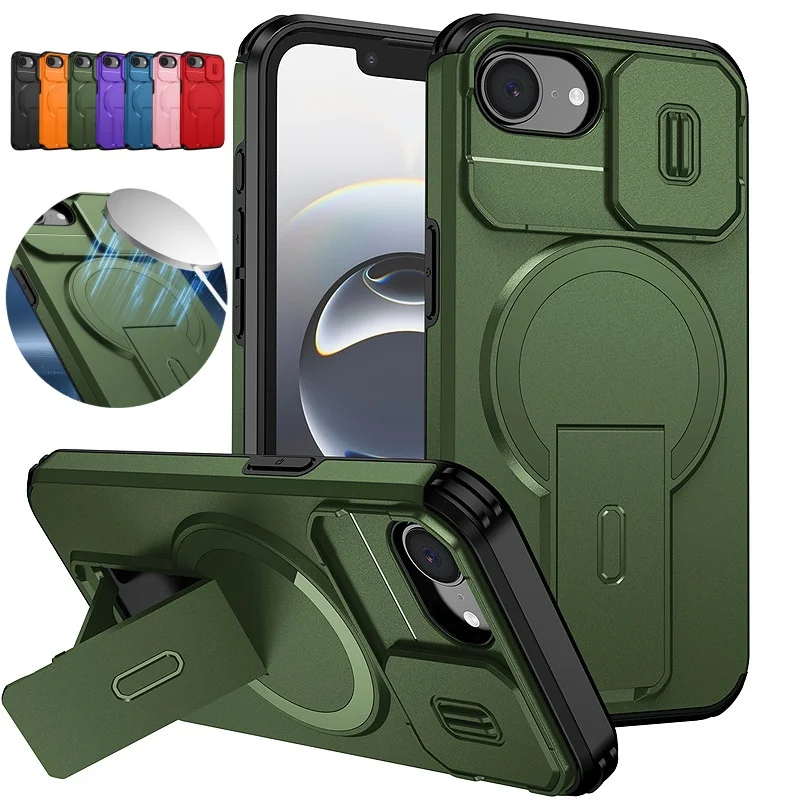 Slide Lens Camear Protect Coque Case for IPhone 17E for Magsafe Magnetic Wireless Charging Rugged Ott-Box Hidden Kickstand Cover