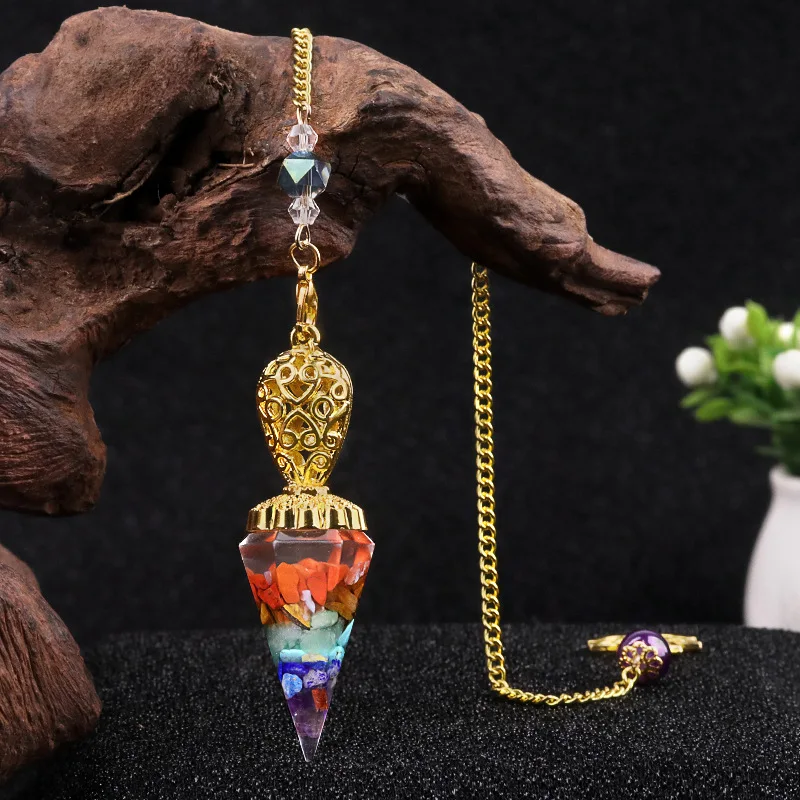 

Chakra Crystal Pendulum Pendant with Gold Filigree Cap Divination Tool & Fashion Necklace