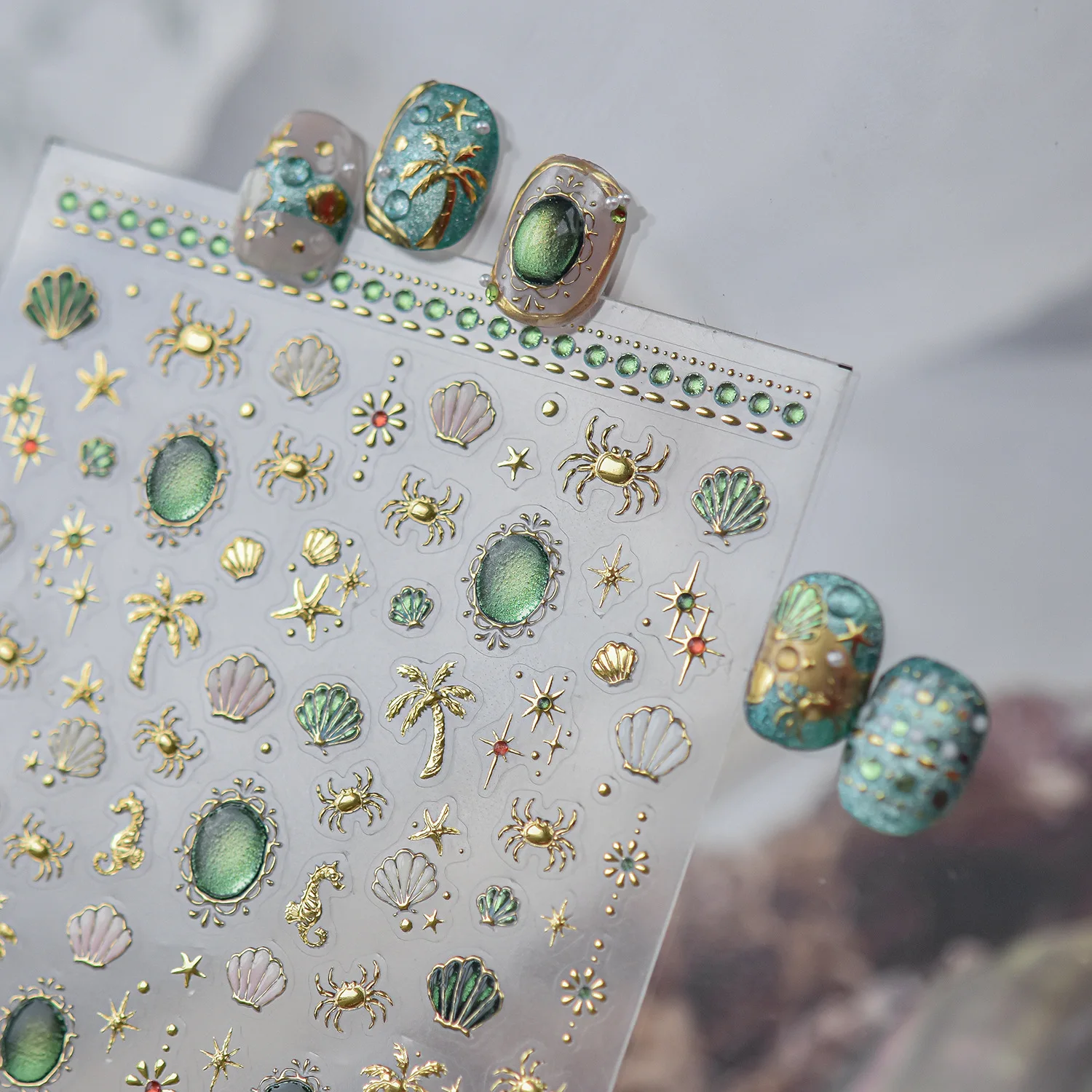Seaside Tropical 5D Nail Stickers Shell Seahorse Starfish Crab Palm Tree Gem Border Pearl Rhinestone Chain Self‑Adhesive Decal