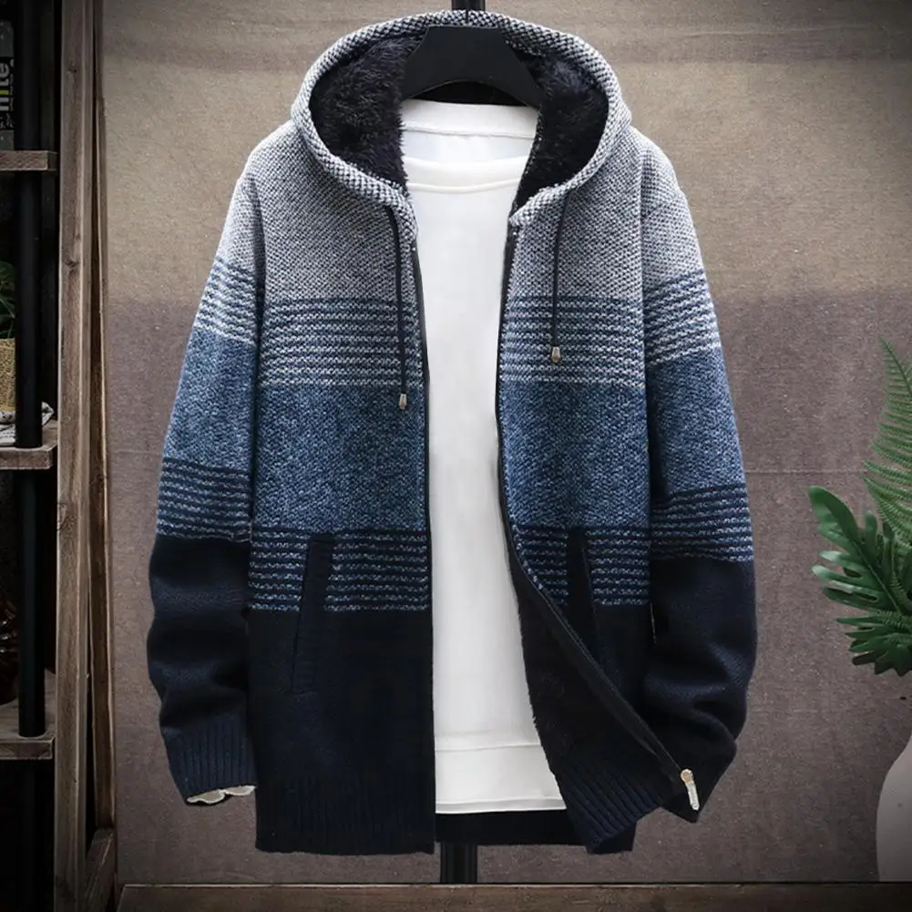 Men Knitted Coat Color Block Hooded Autumn Winter Thicken Plush Warm Cardigan Sweater Thicken Plush Hoody Knitted Sweater Coat