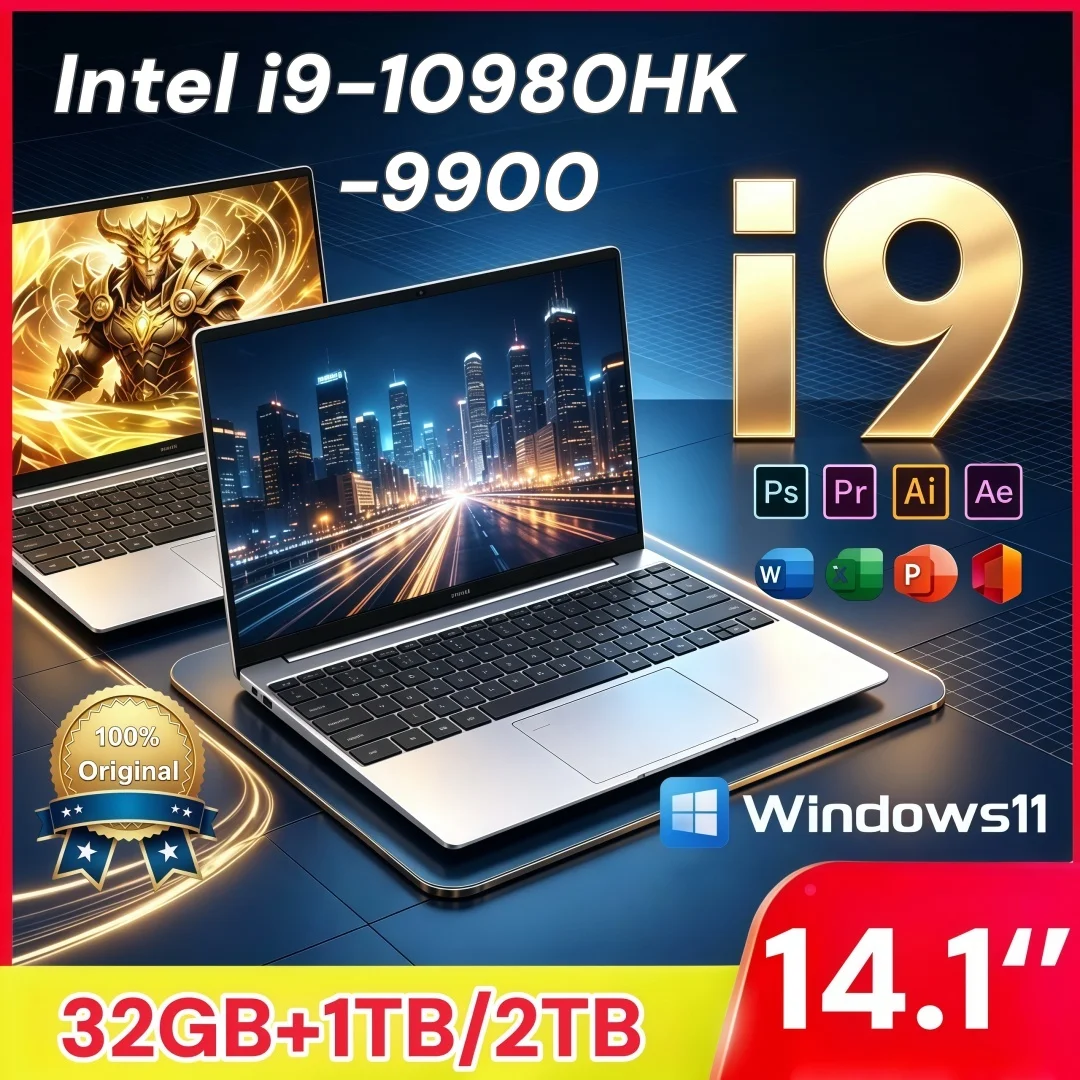 14.1 Inch Business Ultra Portable Laptop I9-9900 I9-10980HK 2026 Win11 DDR4 16GB/32GB RAM 2TB SSD Slim Office Notebook PC