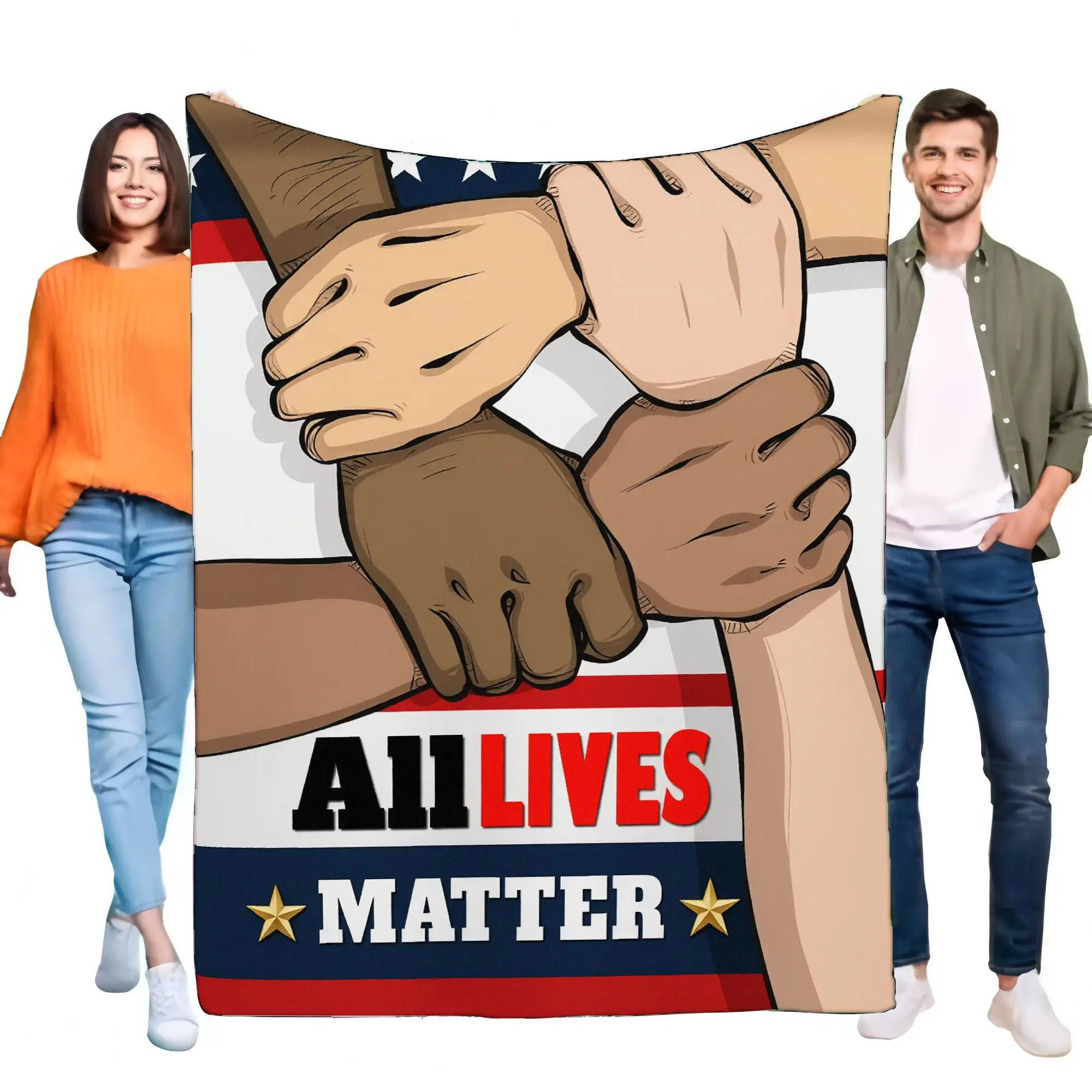 ملصق الوحدة الملون لبطانية All Lives Matter مع تصميم الأيدي المتعددة، خلفية العلم الأمريكي، مثالية لديكور المنزل