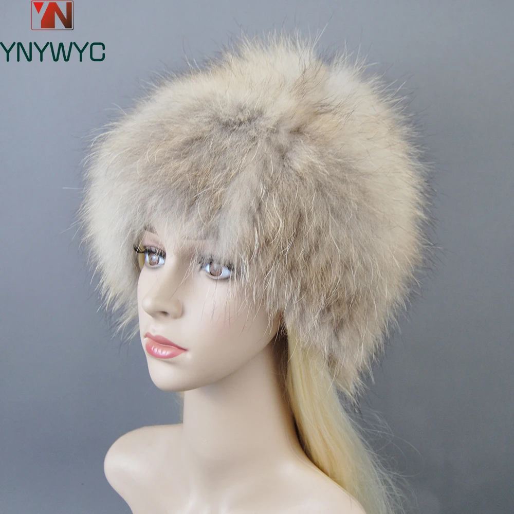 Real Fox Fur Pompom Bomber Winter Hats Russian Female Ski Mask Natural Raccoon Fur Hat Knitted Skullies Beanies Fall Women's Cap