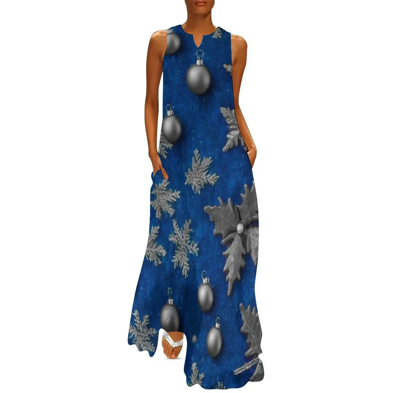 

Christmas Design in Jeans Pattern Grey Stars and balls with Blue Background Long Dress elegant women's dresses for wedding Dress