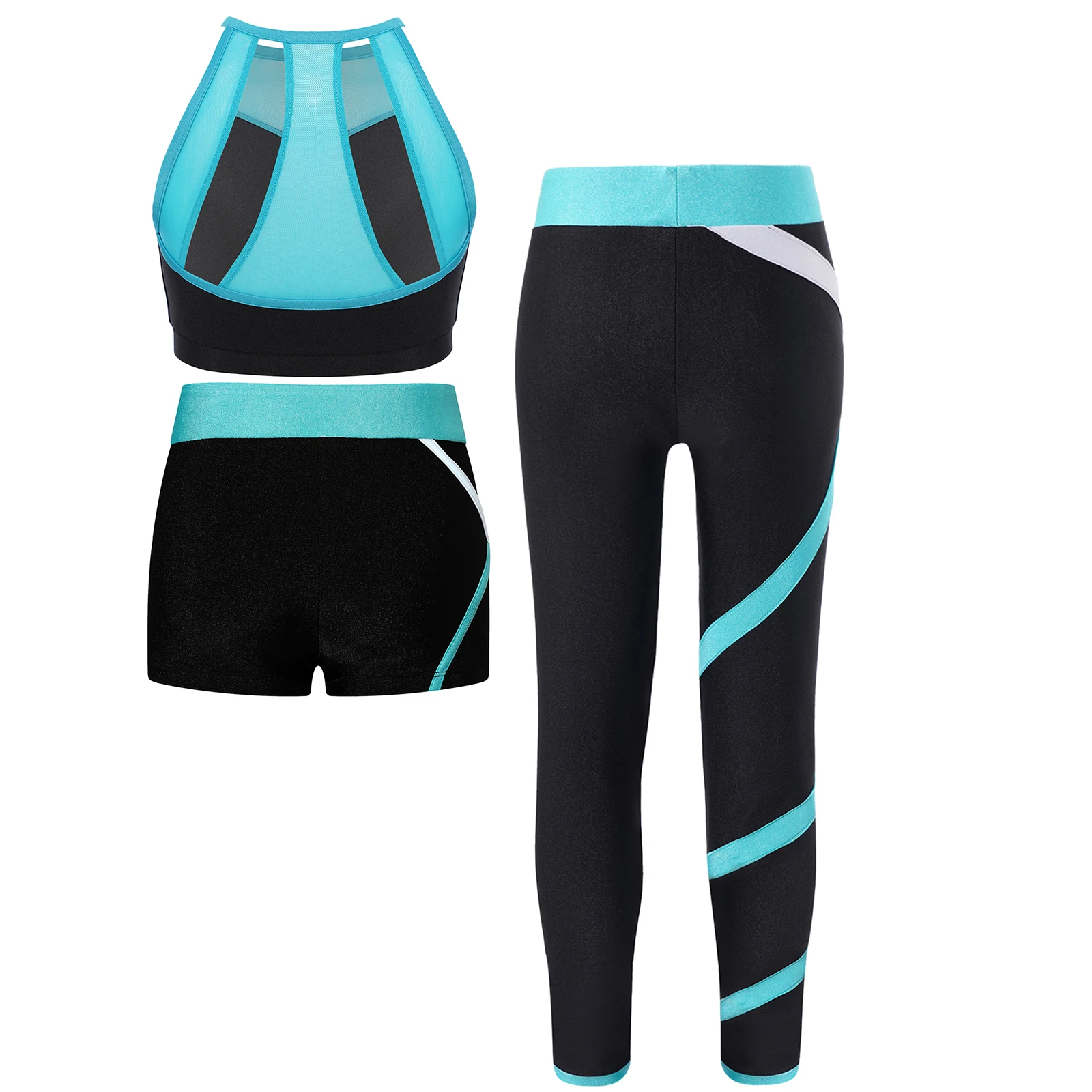 Zestawy do tańca baletowego dla dziewczynek, sportowe stroje gimnastyczne z blokami kolorów, z wycięciem na plecach, koszulka bez rękawów, szorty i legginsy do ćwiczeń i biegania.