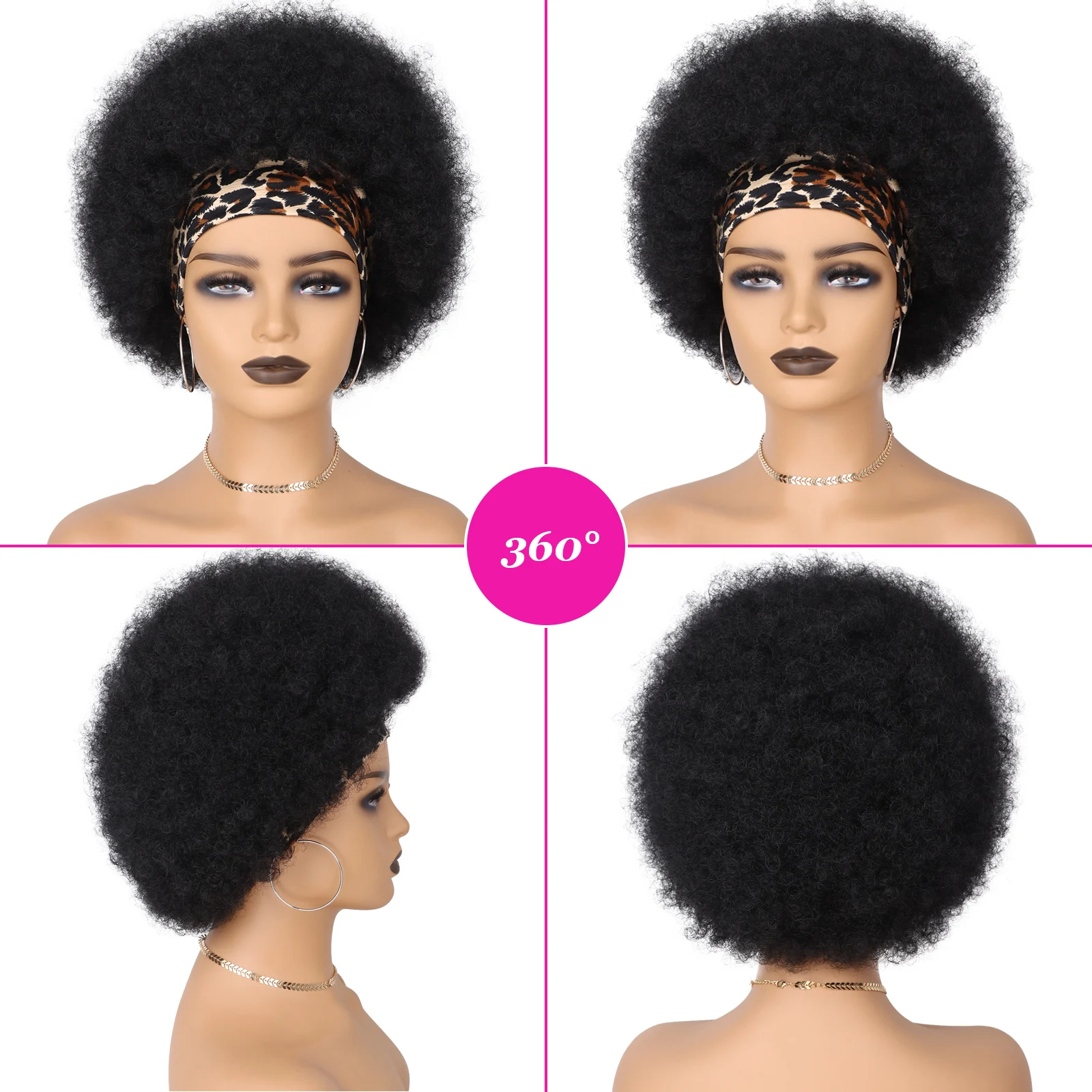 8（inch） Large Puff Synthetic Wig Afro Headband Hair Machine Made for Black Women Lady Girl Daily Party Dating Use (1B)