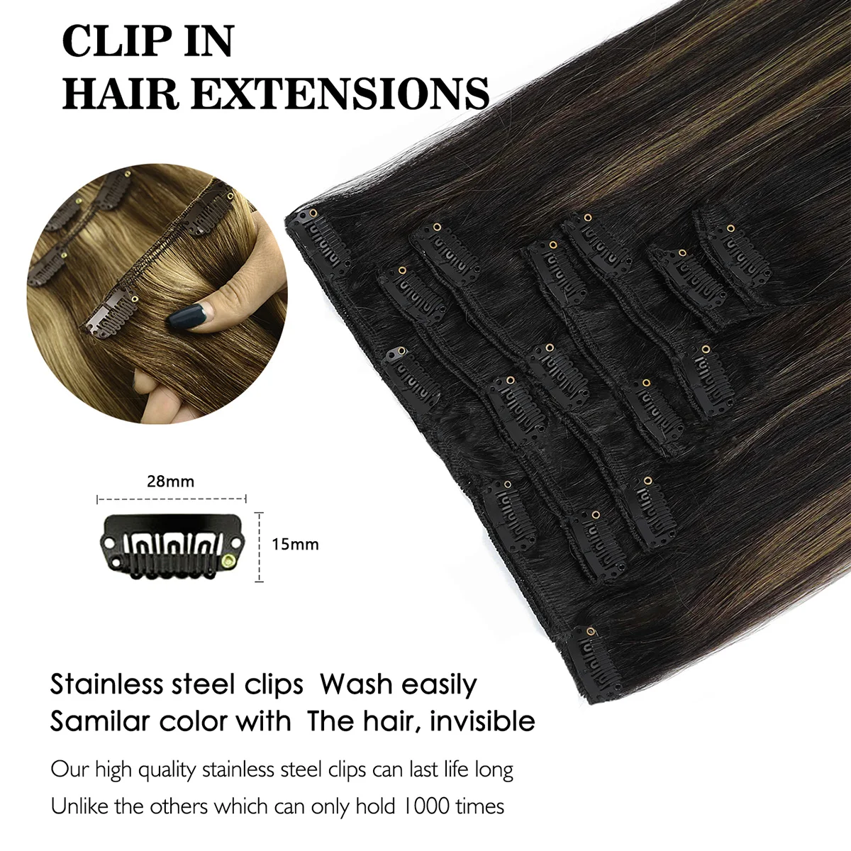 Clips in Hair Extensions Real Human Hair Ombre Black&Brown 7Pcs Straight Remy Hair Extensions for Adding Hair Length&Volume