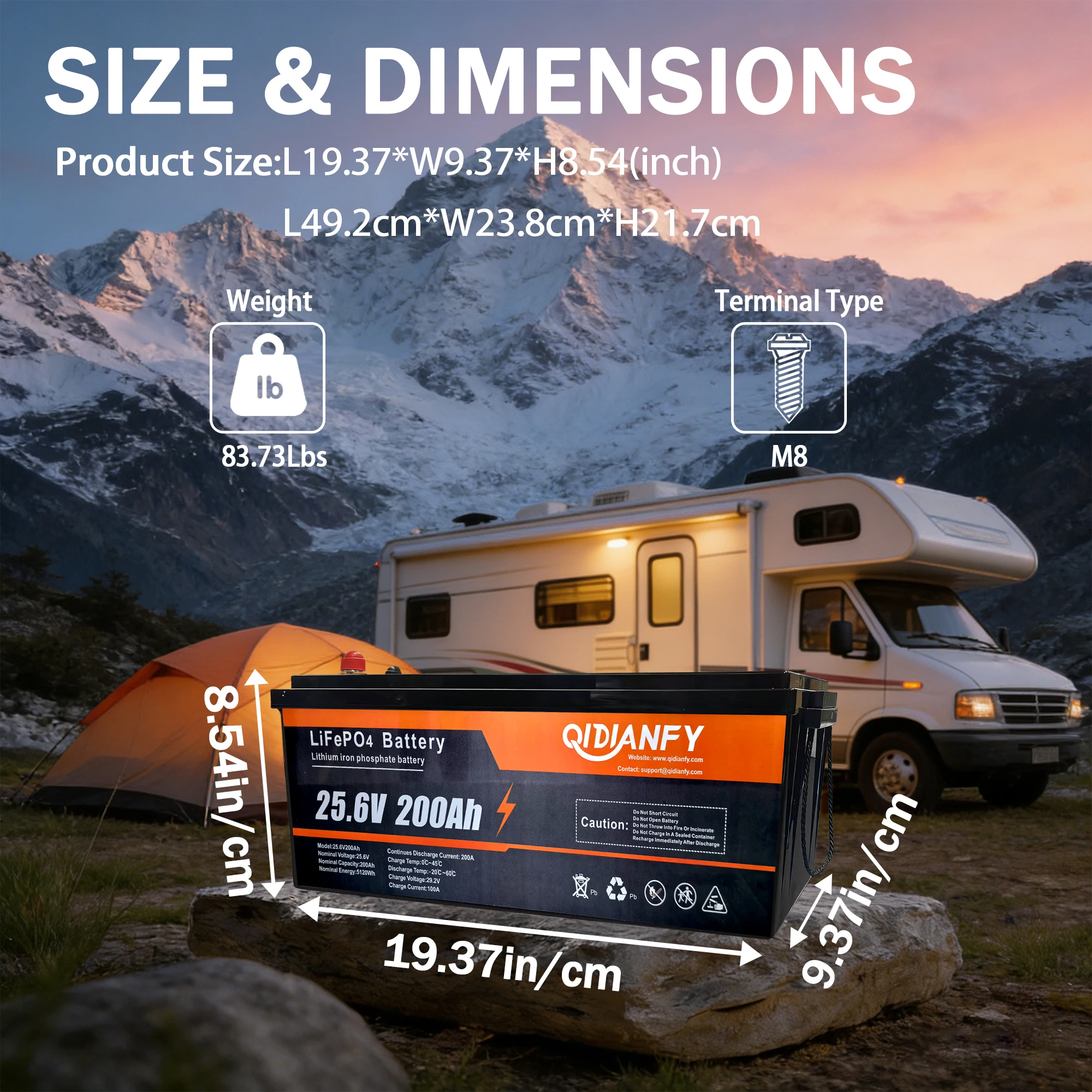 Qidianfy 24V 200Ah LiFePO4 Lithium Battery 200A BMS 5120Wh Deep Cycles for RV Solar Energy Storage Backup Power Camping