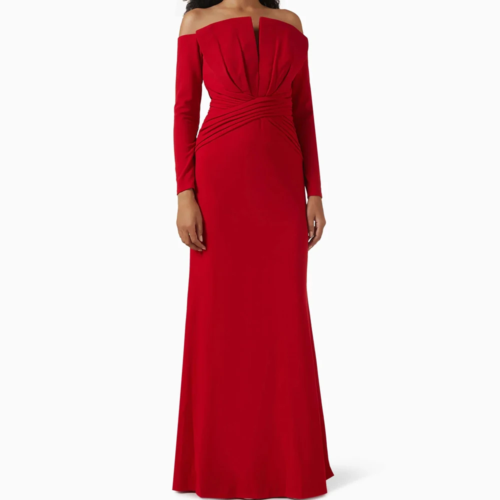 

Women's Mermaid Evening Dresses Floor-length Off The Shoulder Full Sleeve Prom Gown Fashion Pleat Simple Draped Customized Gowns