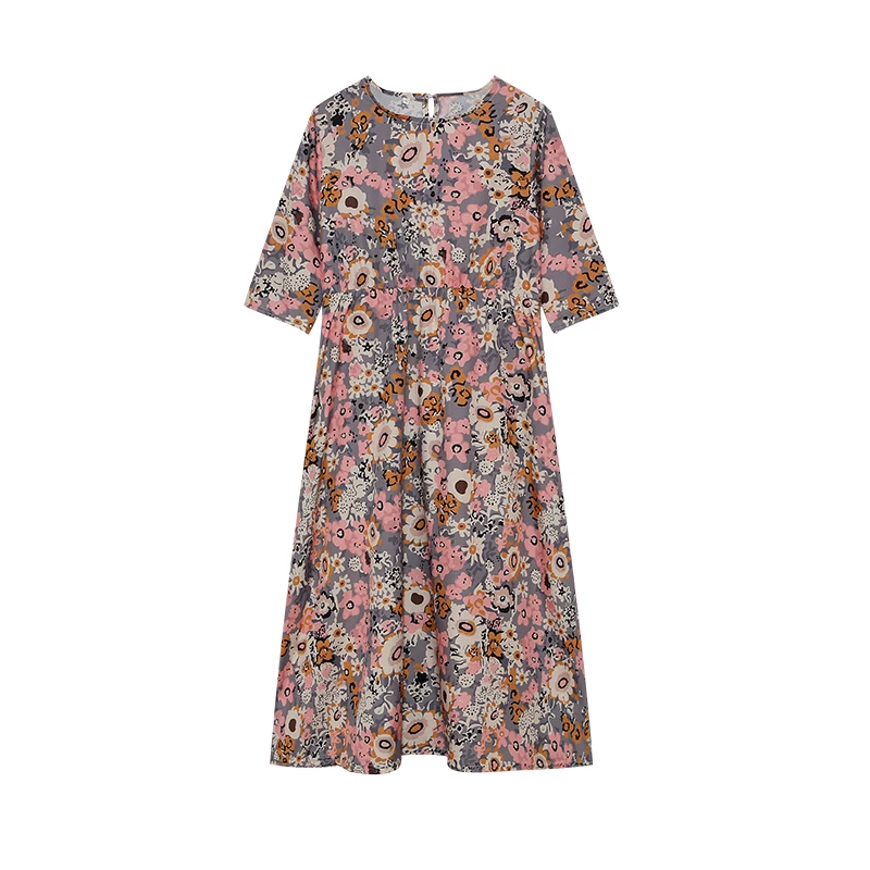 Spring Summer Printed Round Neck Casual Set Loose Long Dress with Pockets Middle Sleeve Cross-Border Women's Fashion