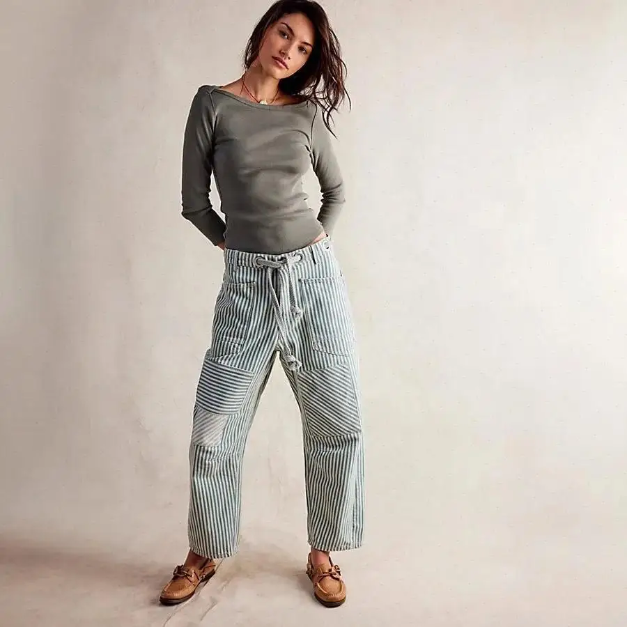Women Striped Wide Leg Pants Loose Fit Capris Mid Waist Ankle Length Trousers Pockets Casual Autumn Slight Strech Drawstring