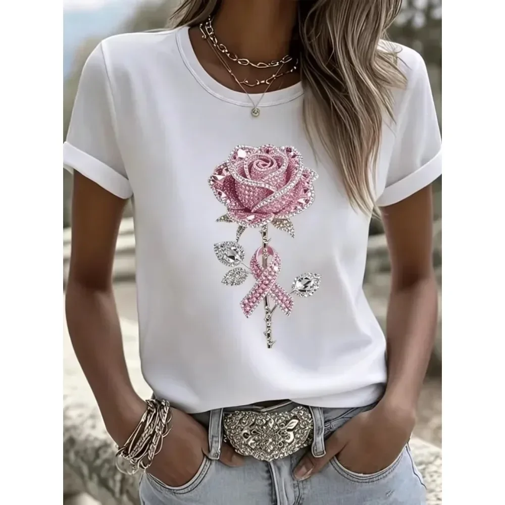 Women Summer Round Neck Short Sleeve T-Shirt 3D Digital Print Denim Splicing Casual Daily Office Work Resort Wear Ladies Tee Top