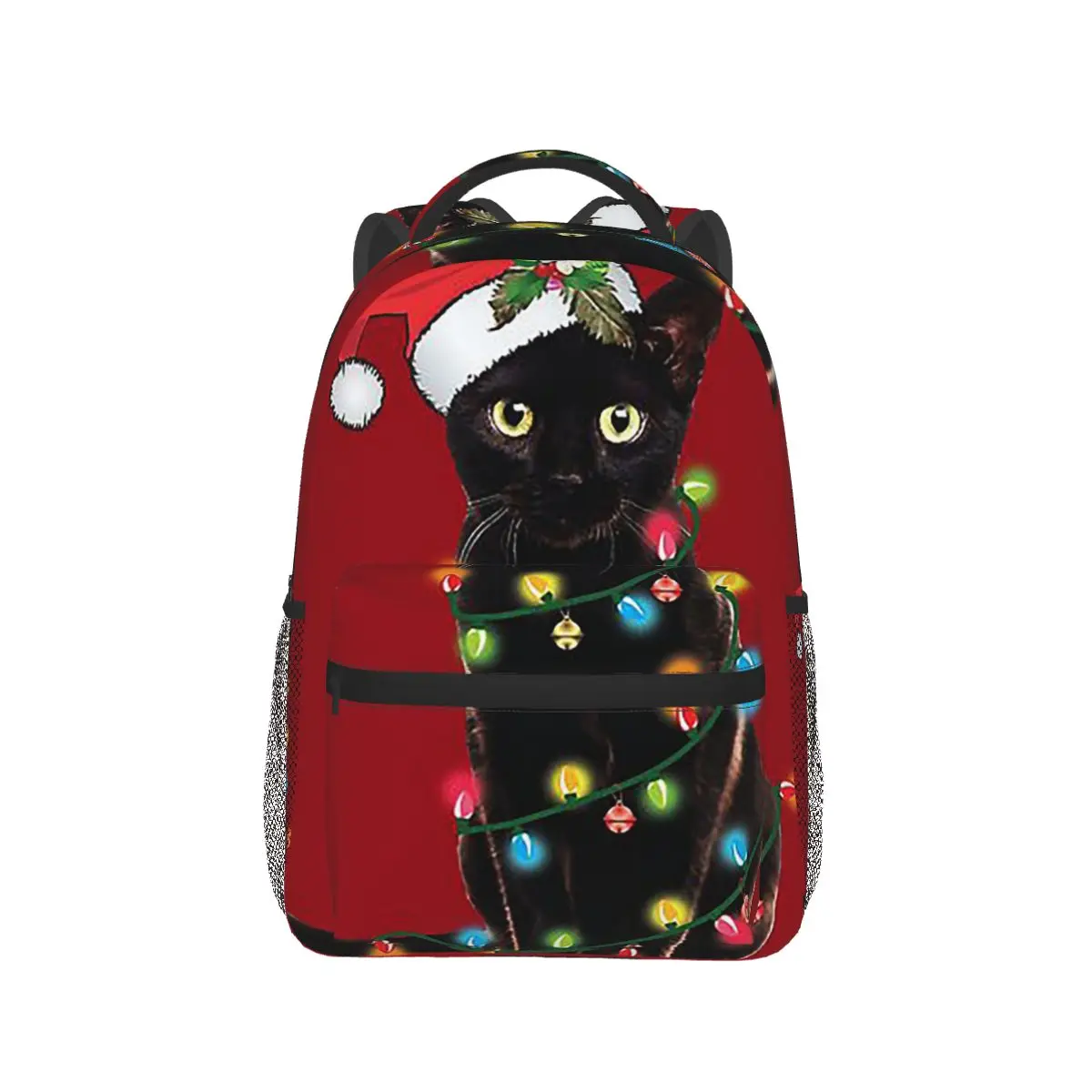 Babbo Natale gatto nero aggrovigliato in luci dell'albero di Natale Zaini Ragazzi Ragazze Bookbag Studenti Borse da scuola Zaino Borsa a tracolla