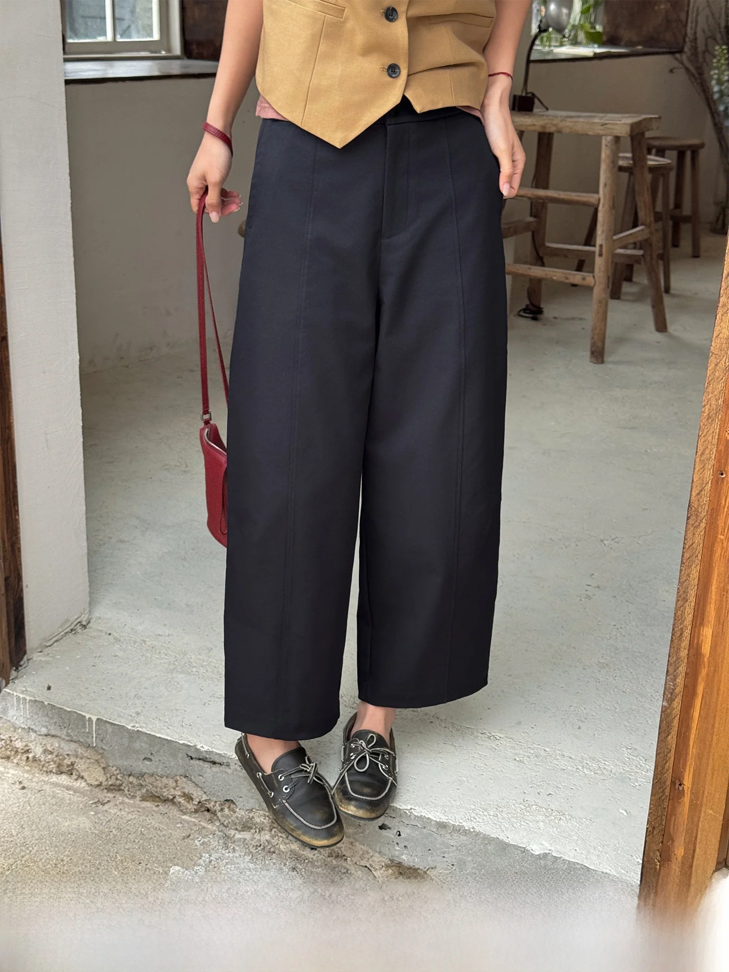 

Black Minimalist Half Elastic Waist Nine-Tenths Casual Pants Women's Summer New Style Versatile Loose Fit Straight Leg Trousers