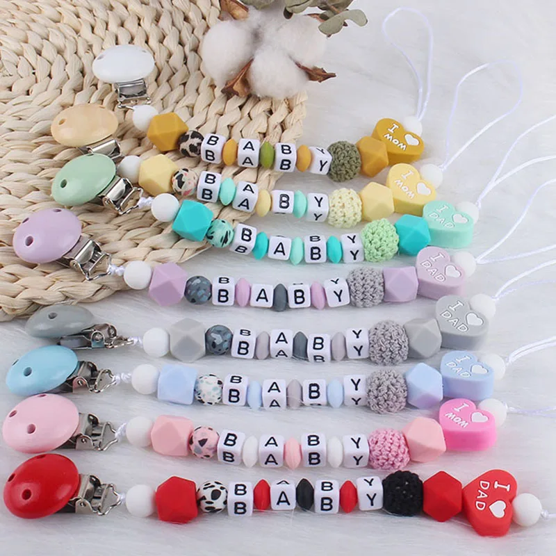 Custom Personalized Name Pacifier Chains for Baby Teether Newborn Toddler I Love Mom Silicone Clips Holder Babies Teething Toys