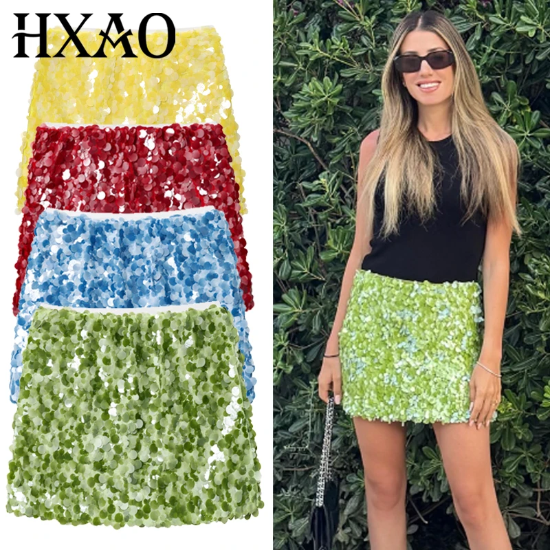

HXAO Women's Skirt Mini Sequin Skirt Summer 2025 Elegant Party Skirt Fashion Yellow Wrap Line Dance Skirt Sparkling Micro Skirt