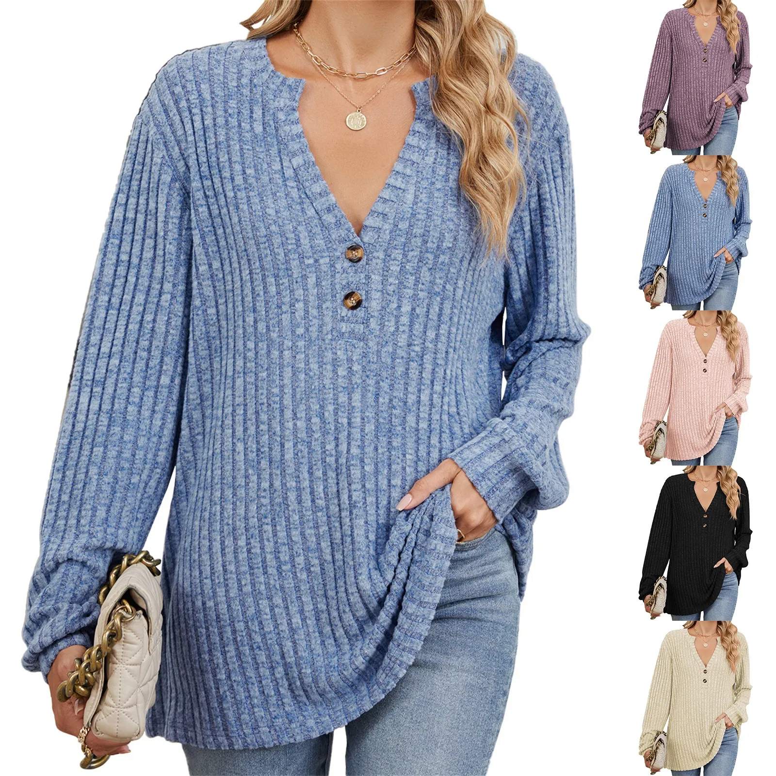 2025 T-shirt allentata alla moda da donna Top tinta unita scollo a V bottoni top a maniche lunghe comodi maglioni casual vestiti