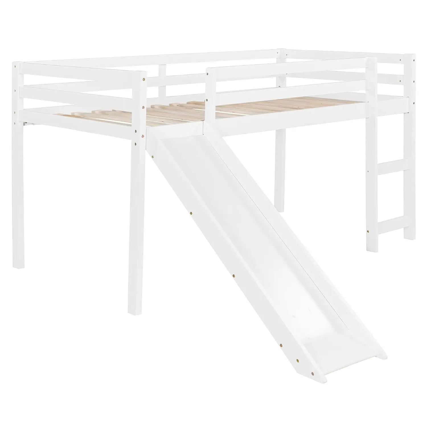 Wood Loft Bed with Slide,Twin Low Loft Bed for Kids Girls Boys Toddler Loft Bed with Ladder and Guard Rails,White