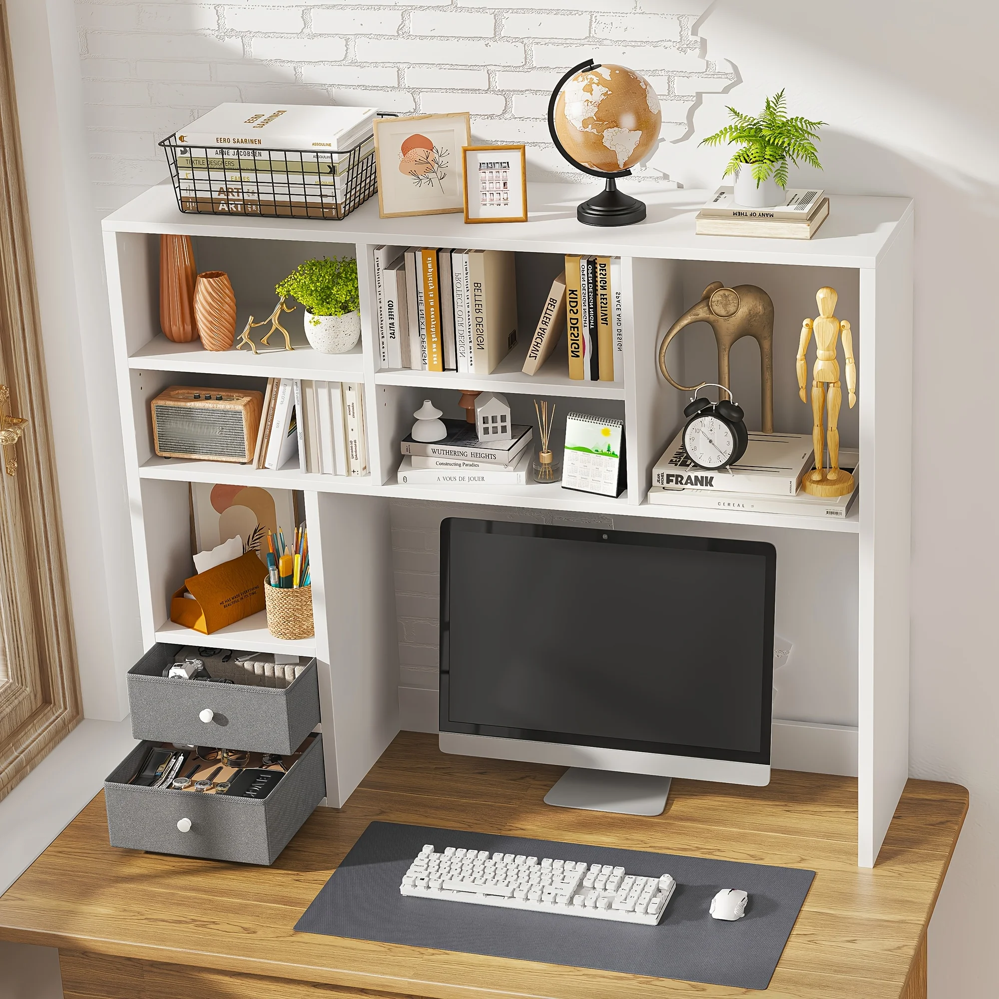 Desktop Office Storage Bookshelf, Adjustable Desktop Storage Shelf Shelf Shelf, Large Capacity Desktop Computer Desk Organizer with 7 Compartments And 2 Drawers, Wooden Display Rack, Suitable for Offices, Home Study Rooms, And Dormitories
