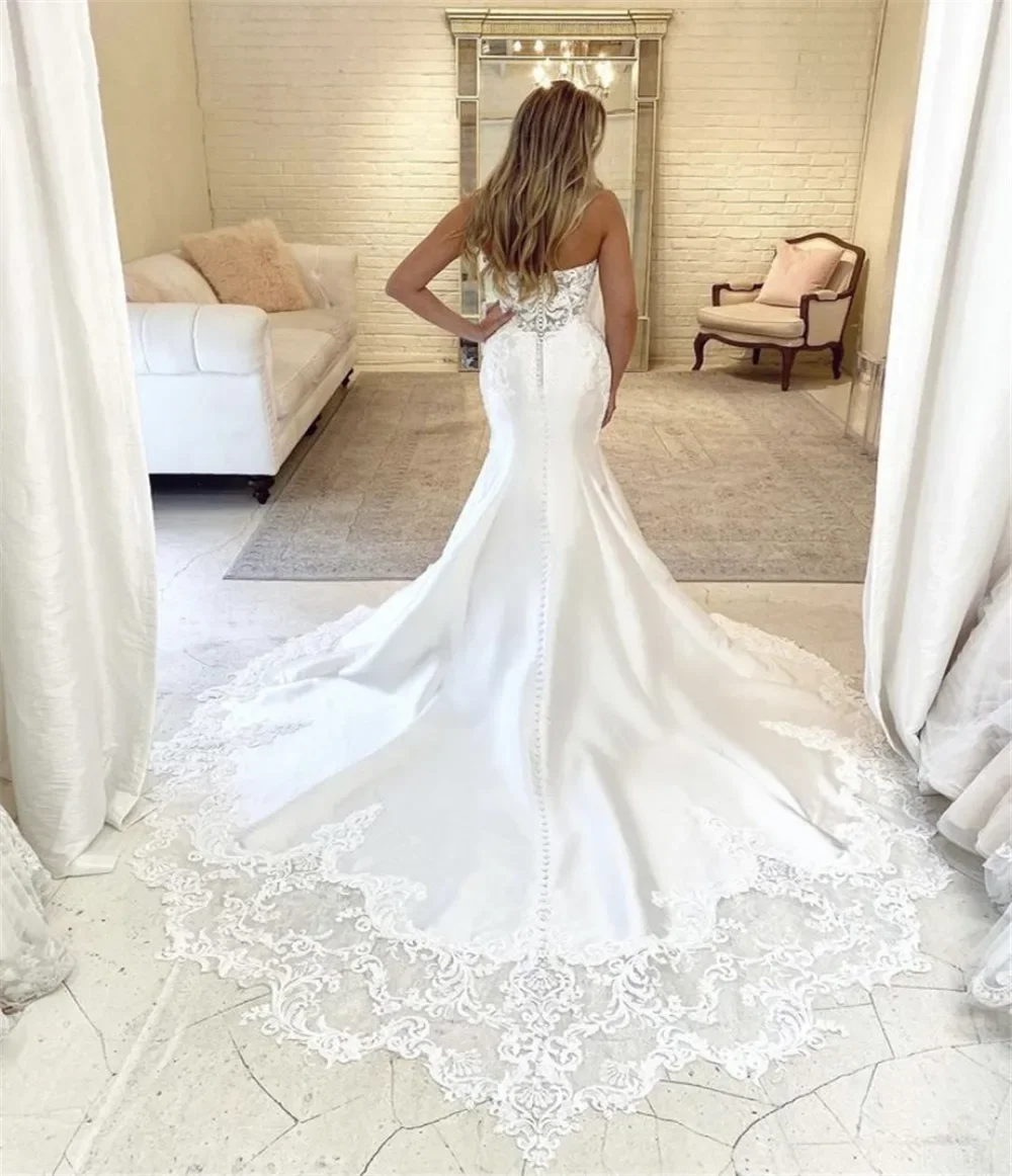 Sexy Satijnen Bruidsjurk Zeemeermin Strapless Kant Kralen Formele Trouwjurk Custom Vestidos De Novia Свадебное Платье