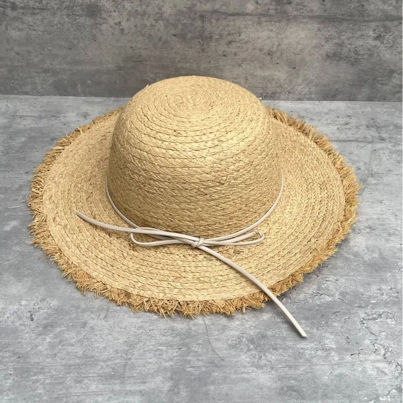 Women's Summer Raffia Woven Wide Brim Raw Edge Beach Sun Protection Hat
