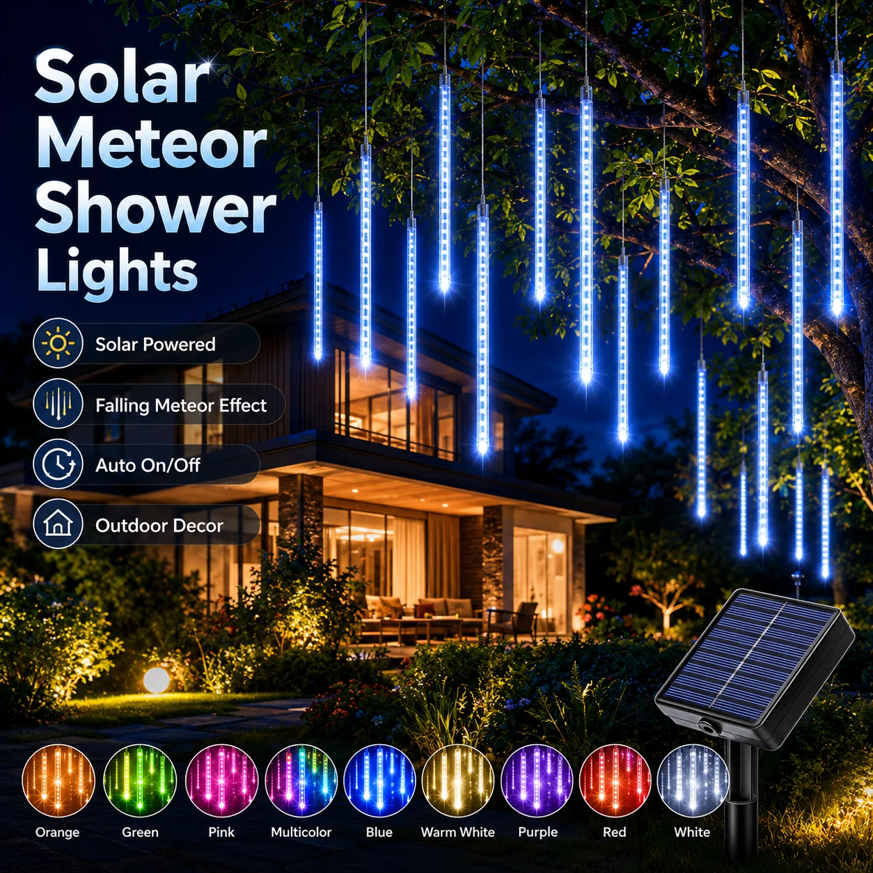2Pcs Solar Meteor Shower Lights 8 Modes LED Falling Rain Tube String Lights for Christmas Garden Tree Patio Wedding OutdoorDecor
