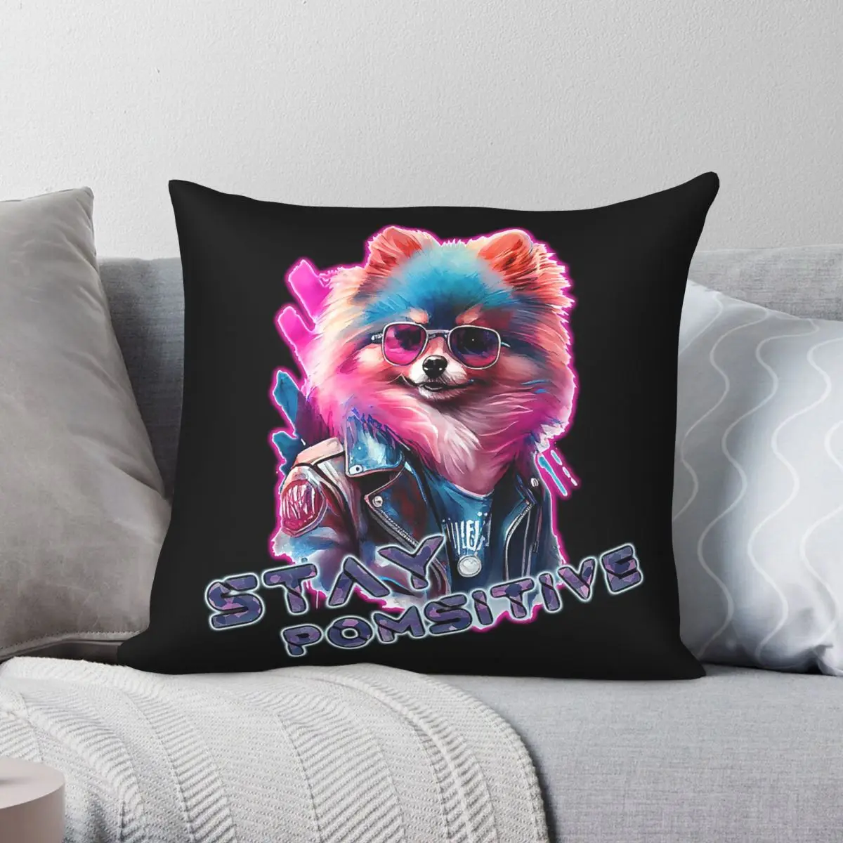 Pomeranian Stay Pomsitive Square Pillowcase Polyester Linen Velvet Creative Zip Decor Room Cushion Cover
