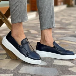 Brown Men Sports Shoes Casual Vulcanize Shoes Black Handmade Double Buckle Monk Shoes