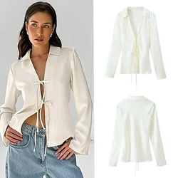 2024 Women's Bow-embellished Silk Satin Shirt Official Store Shirts & Blouses Traff Autumn Clothing Elegant Cheap