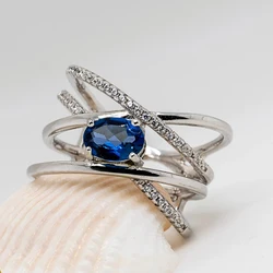 Huitan Cross Rings with Blue Cubic Zirconia Luxury Trendy Finger Accessories for Women Wedding Band Accessories Fashion Jewelry