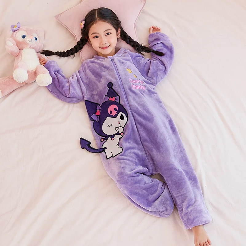 Sanrio Plush Kids Jumpsuit Pajamas Kuromi Cartoon Melody Girl Autumn Winter Casual Anti-Kick Warm Homewear Cute Nightwear