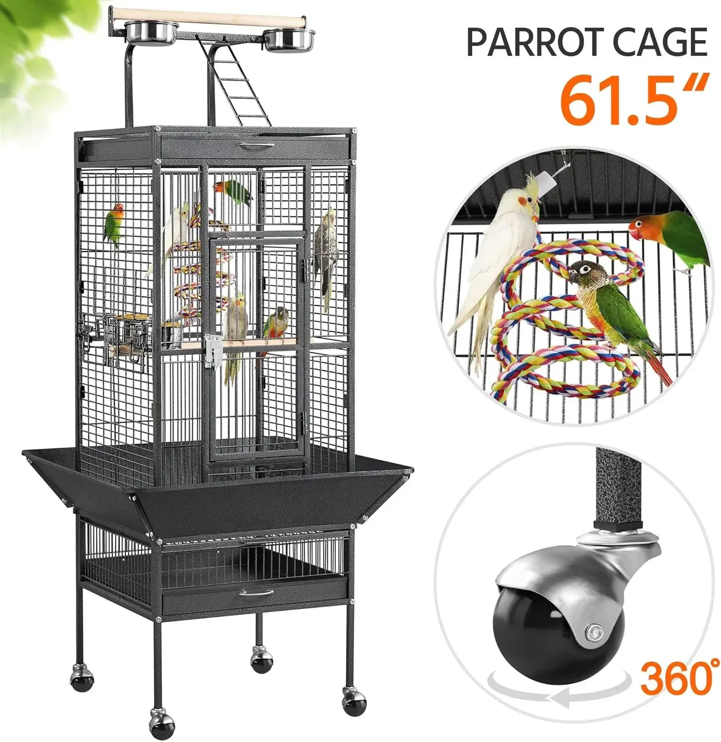 Topeakmart 61.5-inch Wrought Iron Selection Play Top Large Parrot Bird Parrot Cage Black